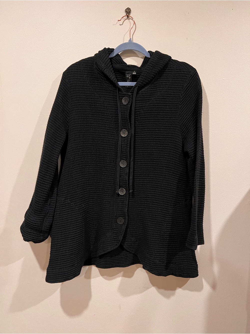 Women's Black Hooded Waffle Knit Button-Front Jacket - Picture 1 of 7